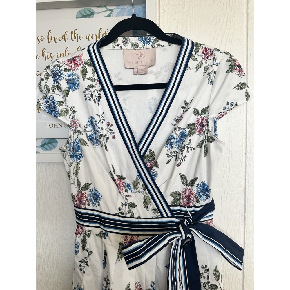 Gal Meets Glam Women's Floral Sz 4 V Neck Wrap Around Stripe Belt Side Tie Dress - Picture 5 of 10
